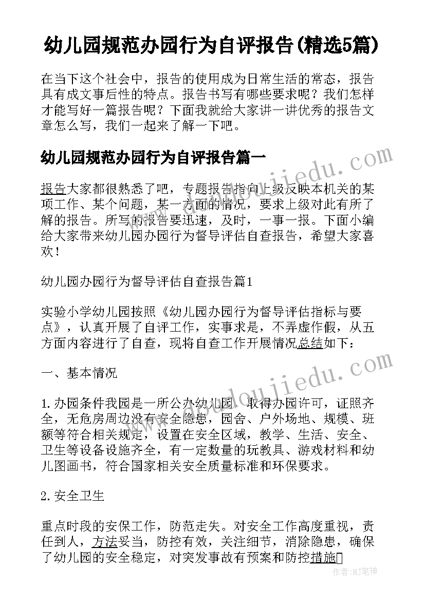 幼儿园规范办园行为自评报告(精选5篇)