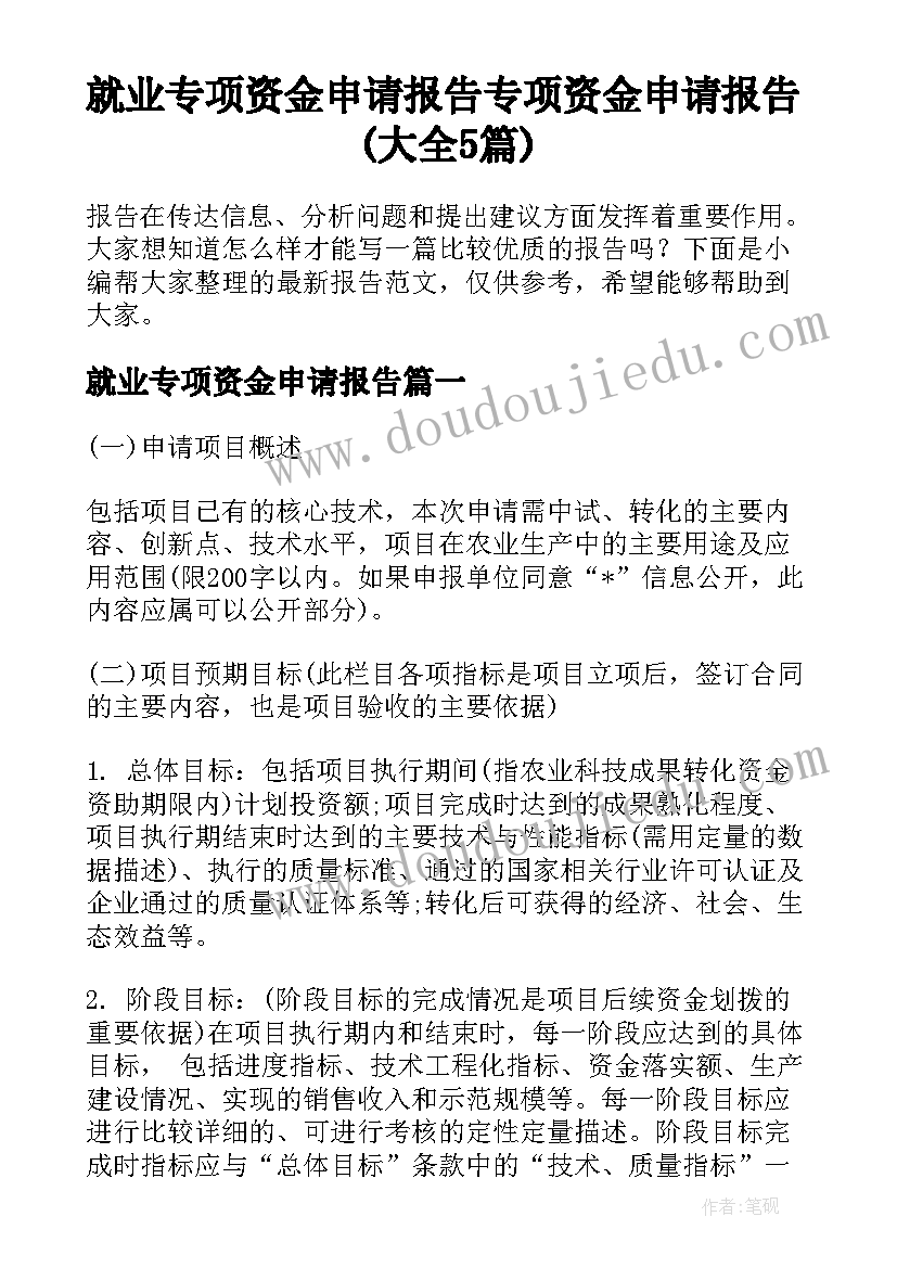 就业专项资金申请报告 专项资金申请报告(大全5篇)