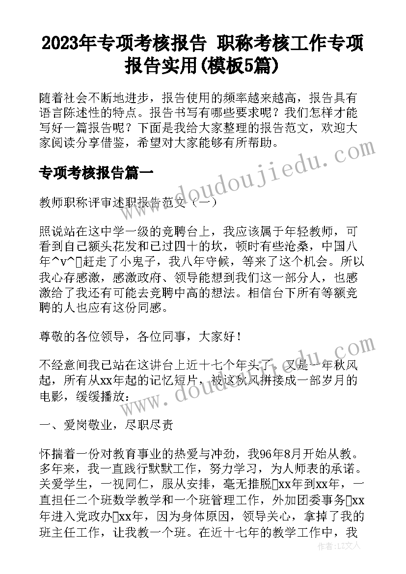 2023年专项考核报告 职称考核工作专项报告实用(模板5篇)