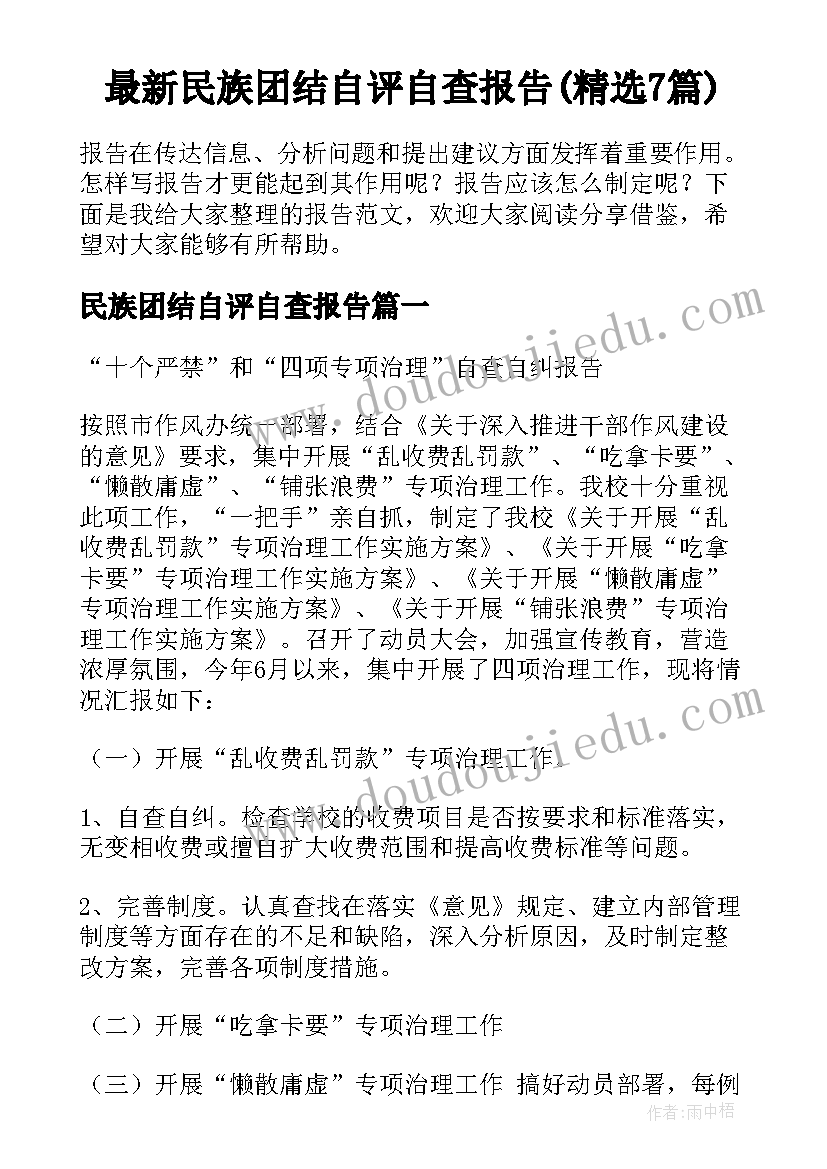 最新民族团结自评自查报告(精选7篇)