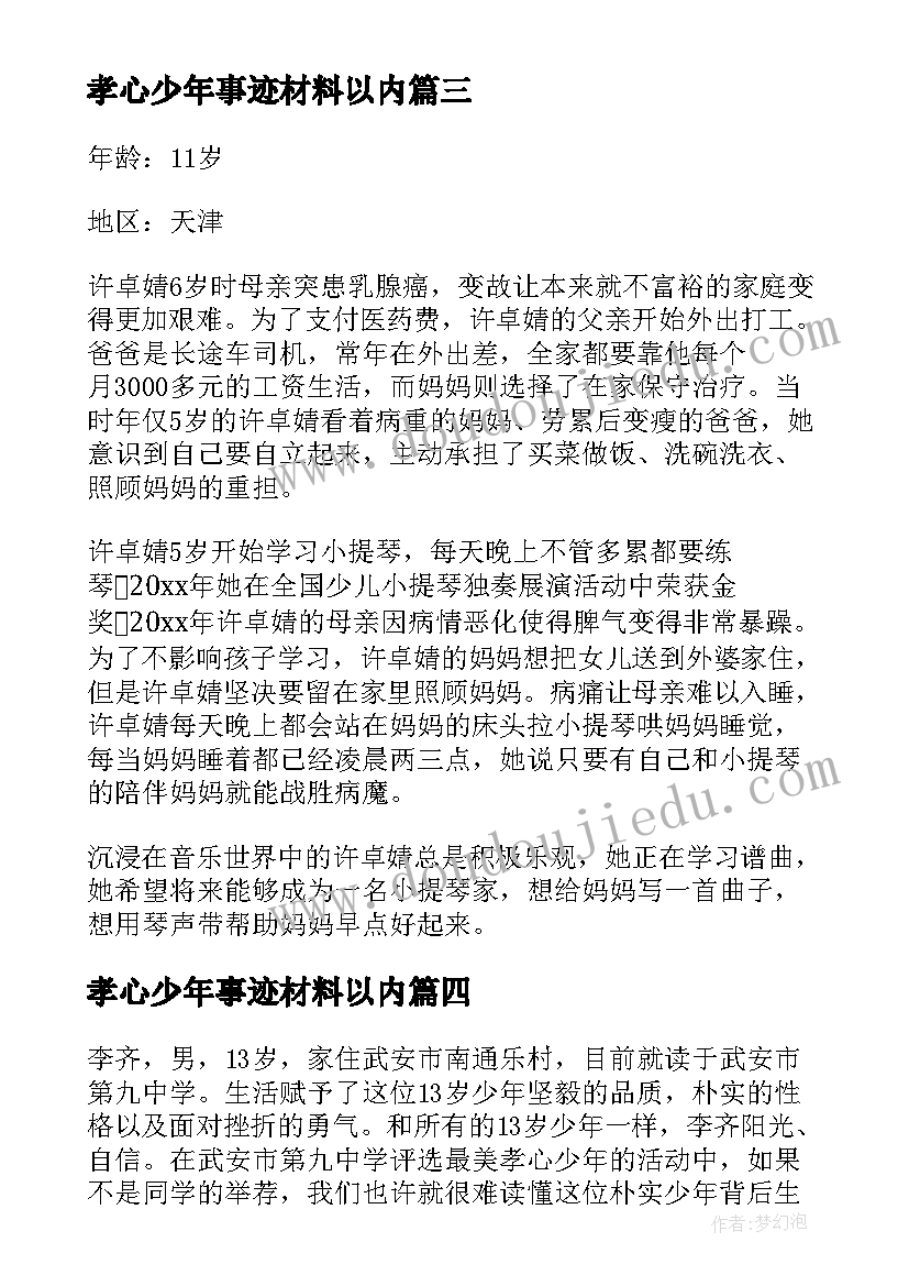 孝心少年事迹材料以内(模板5篇)