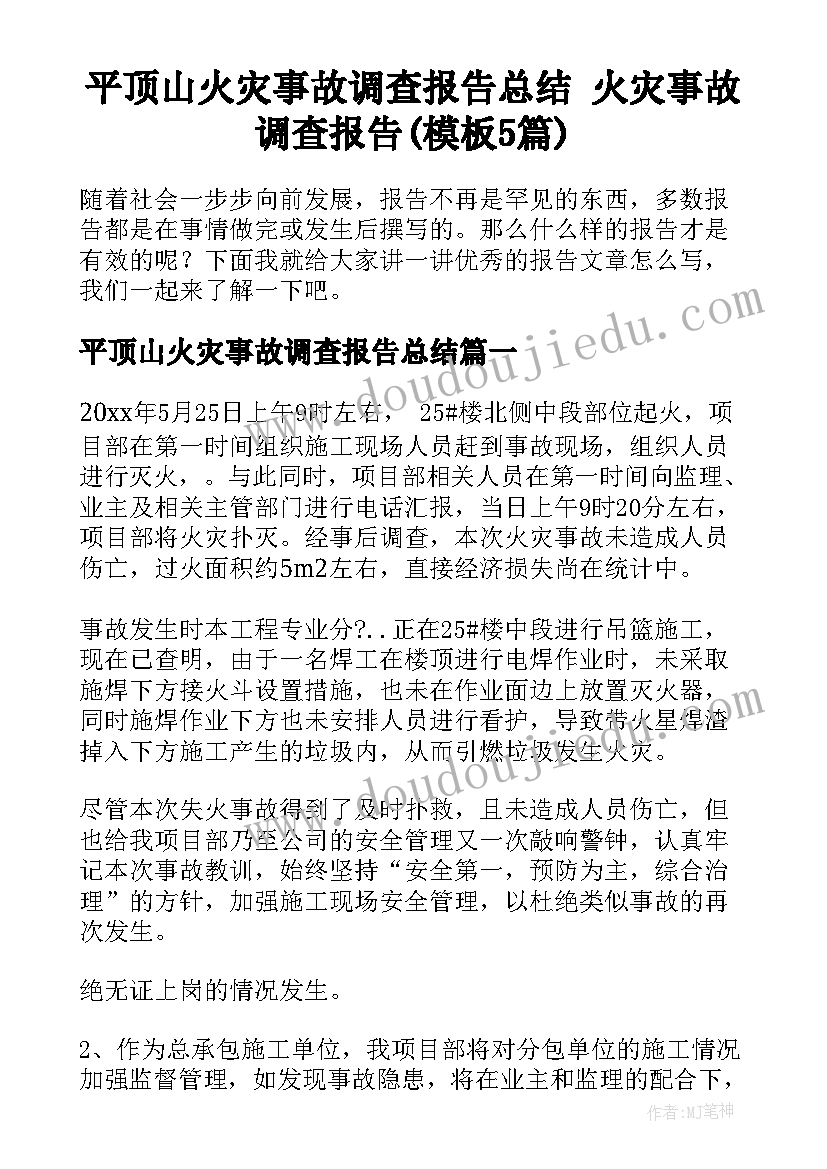 平顶山火灾事故调查报告总结 火灾事故调查报告(模板5篇)