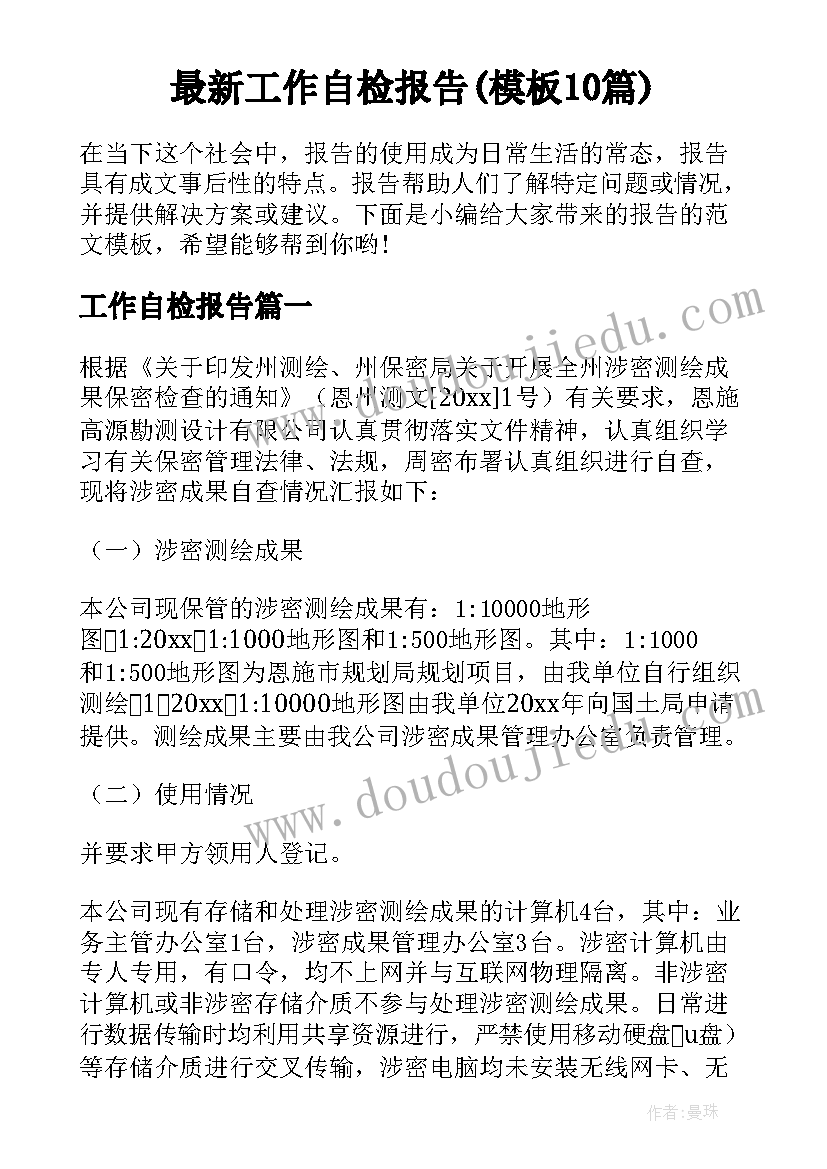 最新工作自检报告(模板10篇)