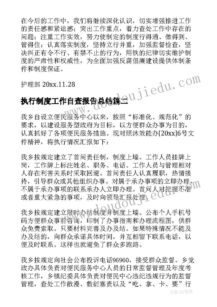 最新执行制度工作自查报告总结(大全8篇)