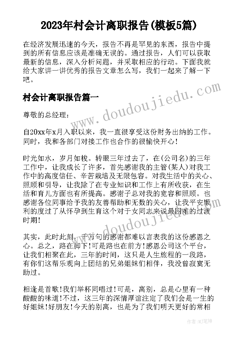 2023年村会计离职报告(模板5篇)