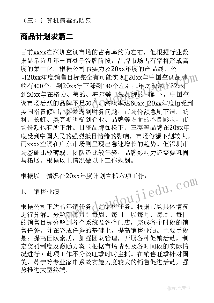 商品计划表 商城商品推广工作计划(实用8篇)