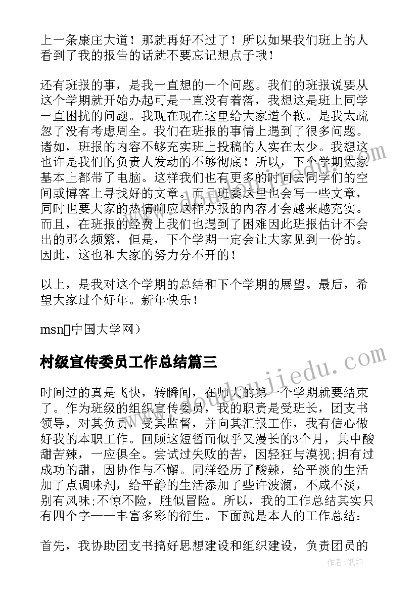 最新村级宣传委员工作总结(精选7篇)