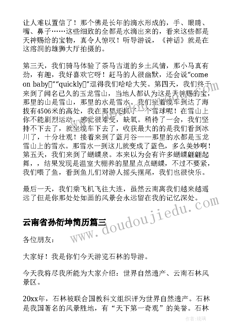 云南省孙衍坤简历(优质8篇)