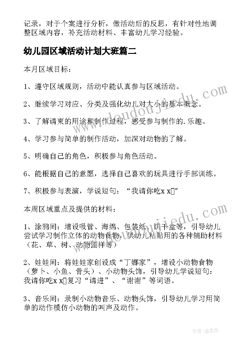 2023年幼儿园区域活动计划大班(大全5篇)