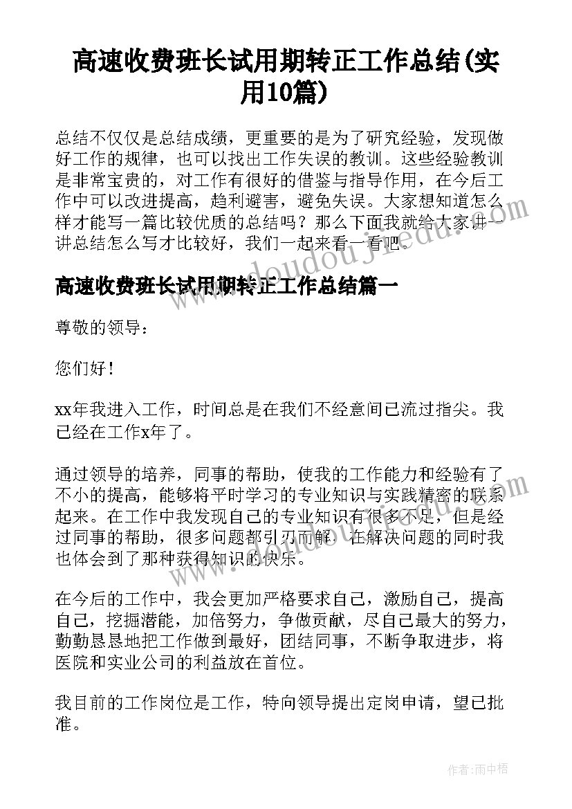 高速收费班长试用期转正工作总结(实用10篇)