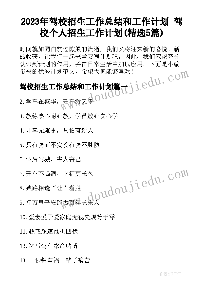 2023年驾校招生工作总结和工作计划 驾校个人招生工作计划(精选5篇)