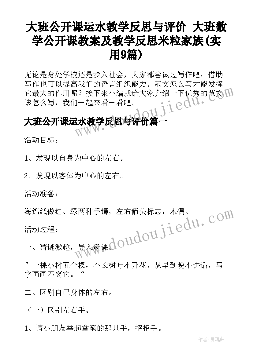 大班公开课运水教学反思与评价 大班数学公开课教案及教学反思米粒家族(实用9篇)