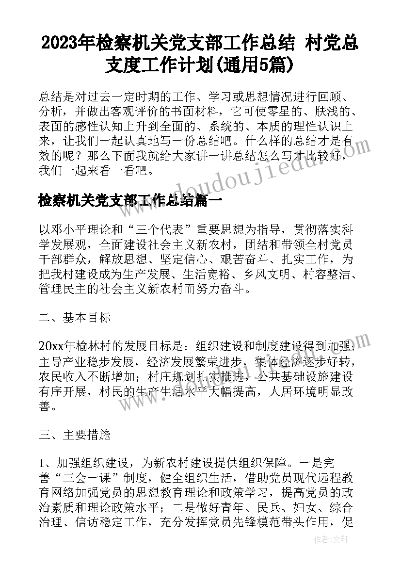 2023年检察机关党支部工作总结 村党总支度工作计划(通用5篇)