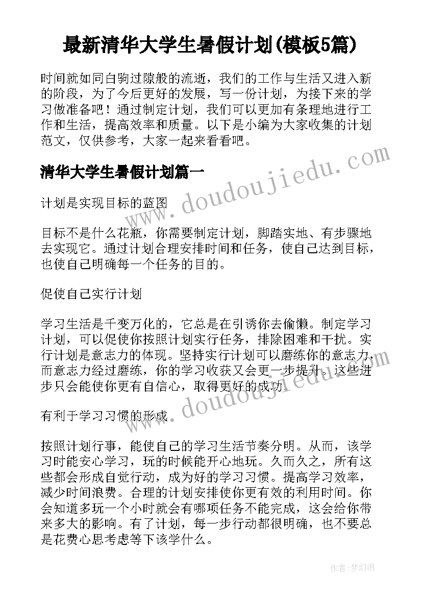 最新清华大学生暑假计划(模板5篇)