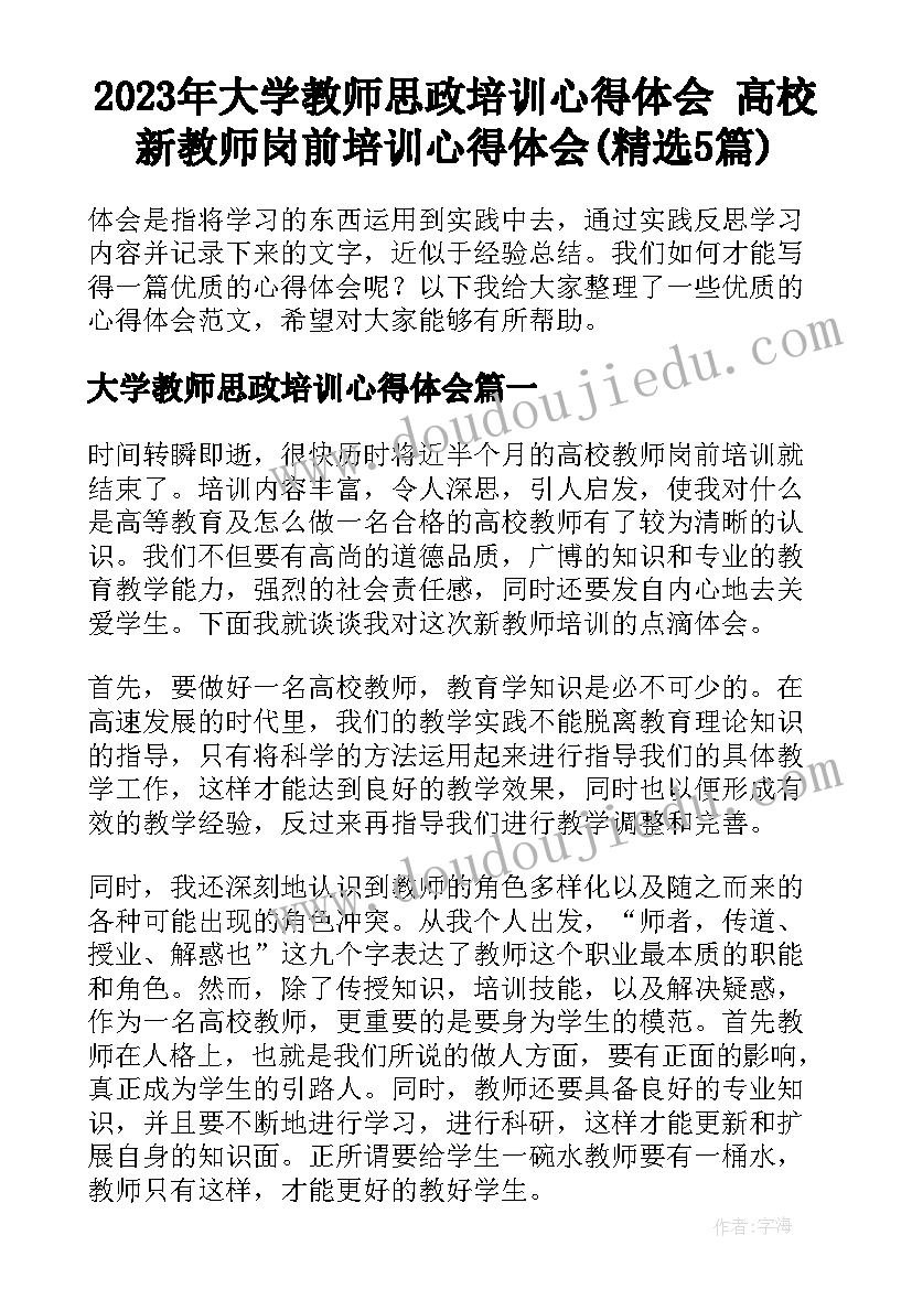 2023年大学教师思政培训心得体会 高校新教师岗前培训心得体会(精选5篇)