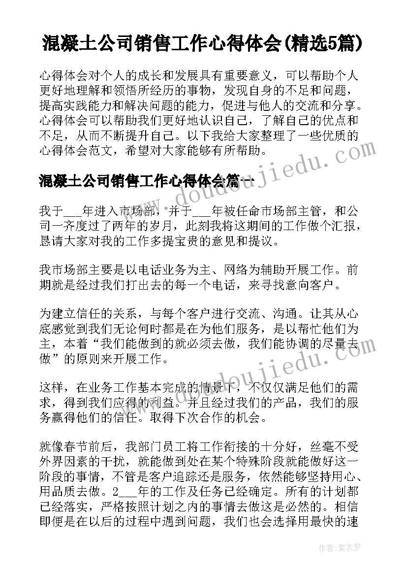 混凝土公司销售工作心得体会(精选5篇)