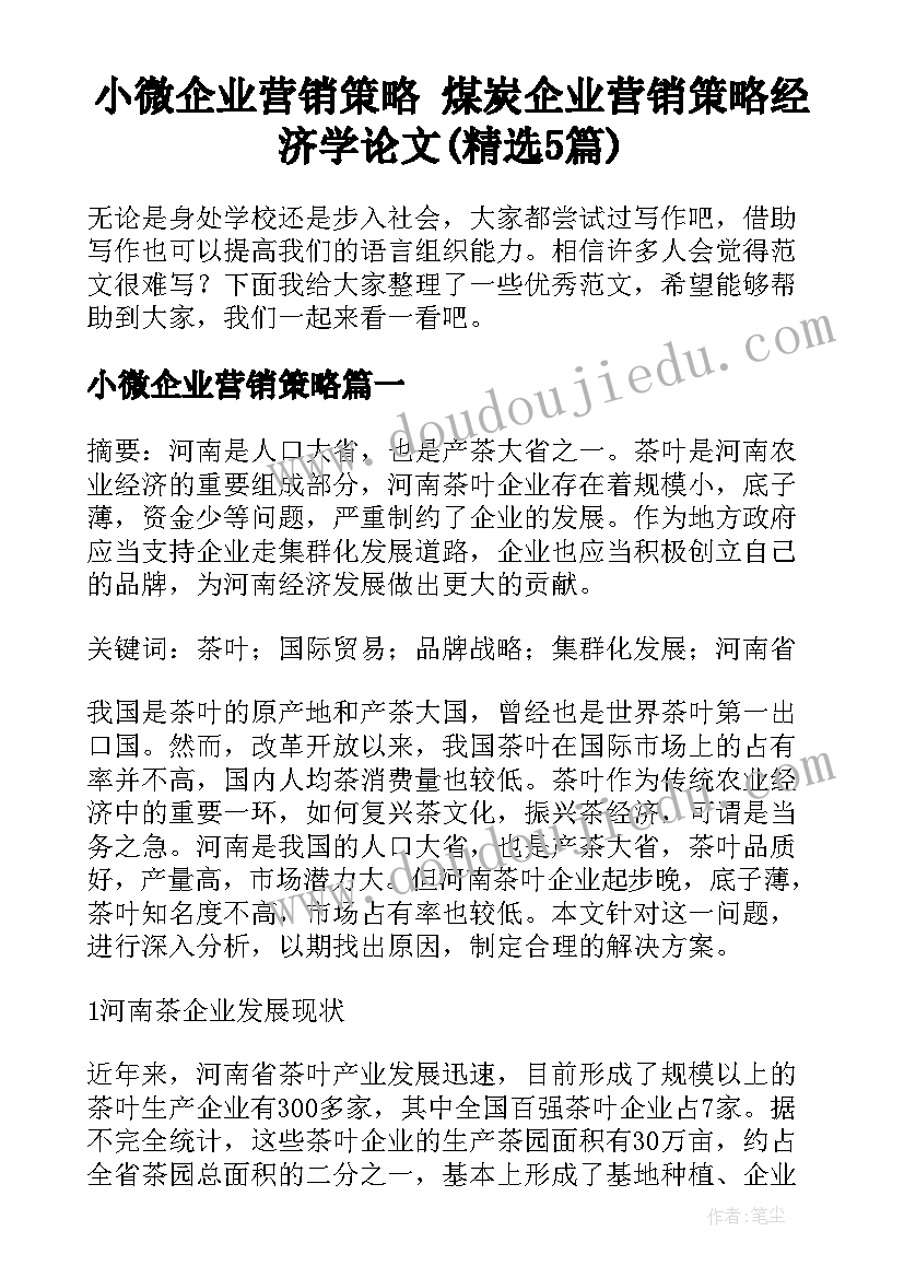 小微企业营销策略 煤炭企业营销策略经济学论文(精选5篇)