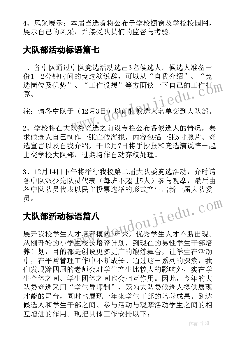 大队部活动标语 小学少先队大队活动方案(优质8篇)