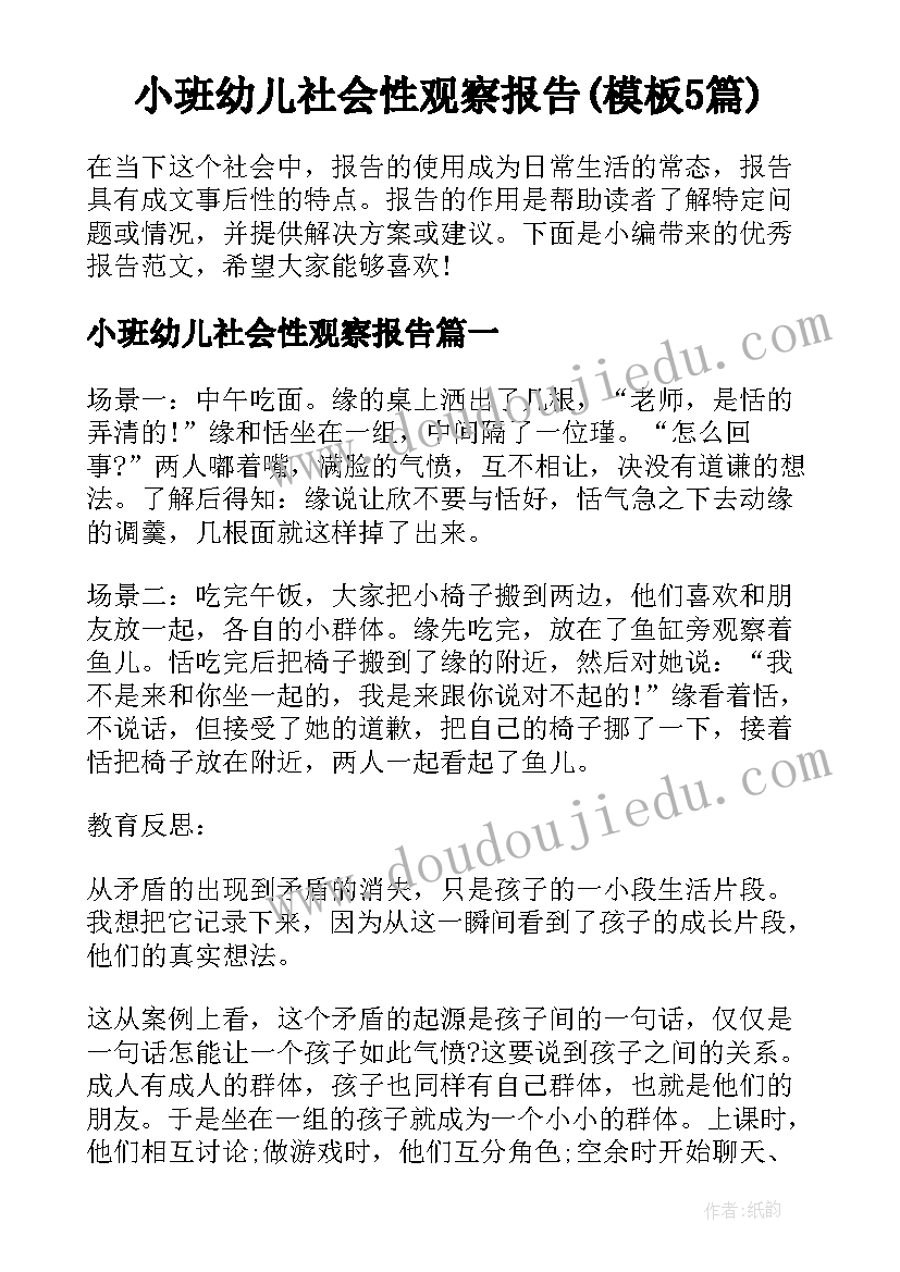 小班幼儿社会性观察报告(模板5篇)