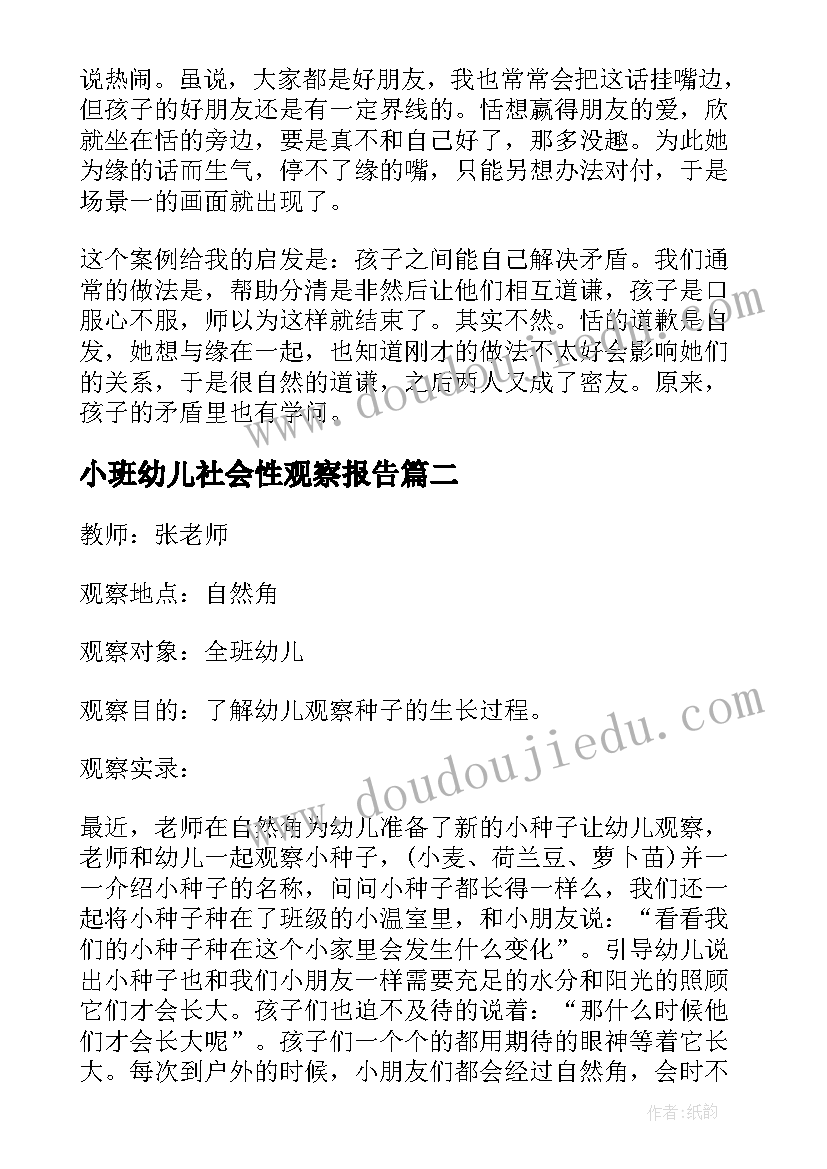 小班幼儿社会性观察报告(模板5篇)