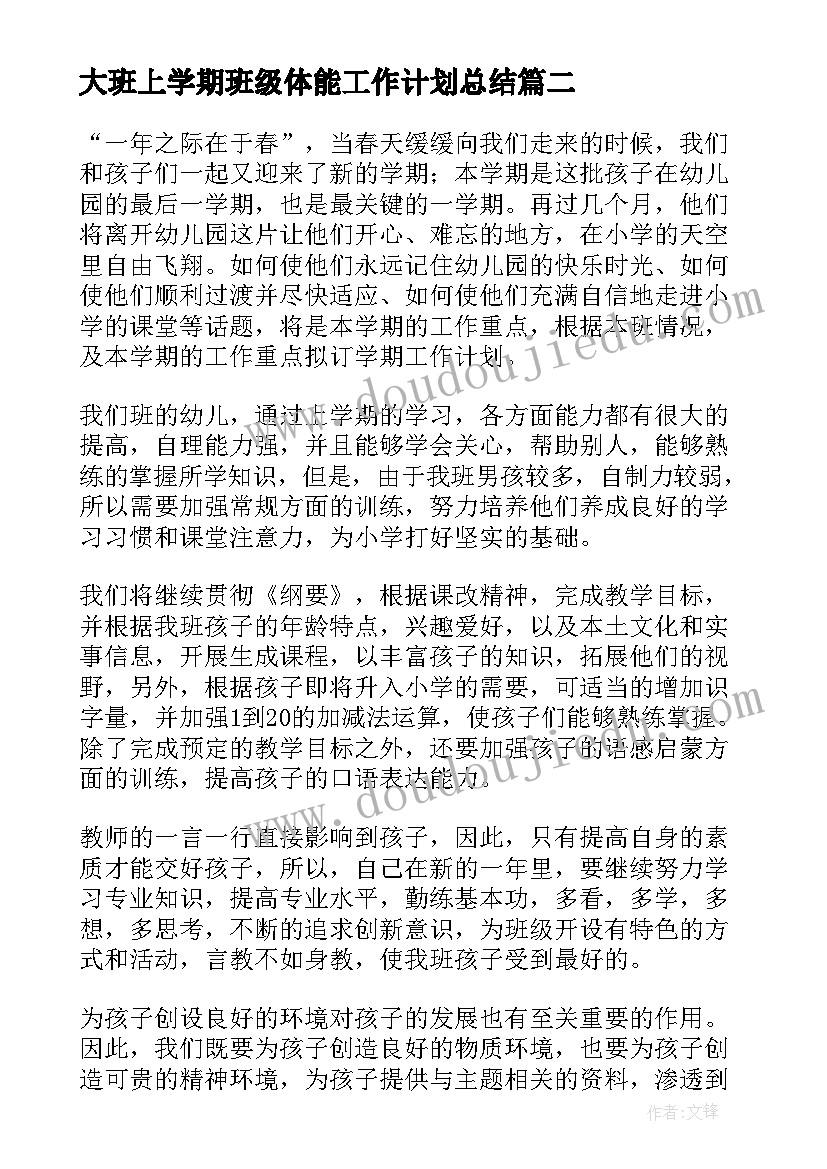 大班上学期班级体能工作计划总结 大班上学期班级工作计划(大全8篇)