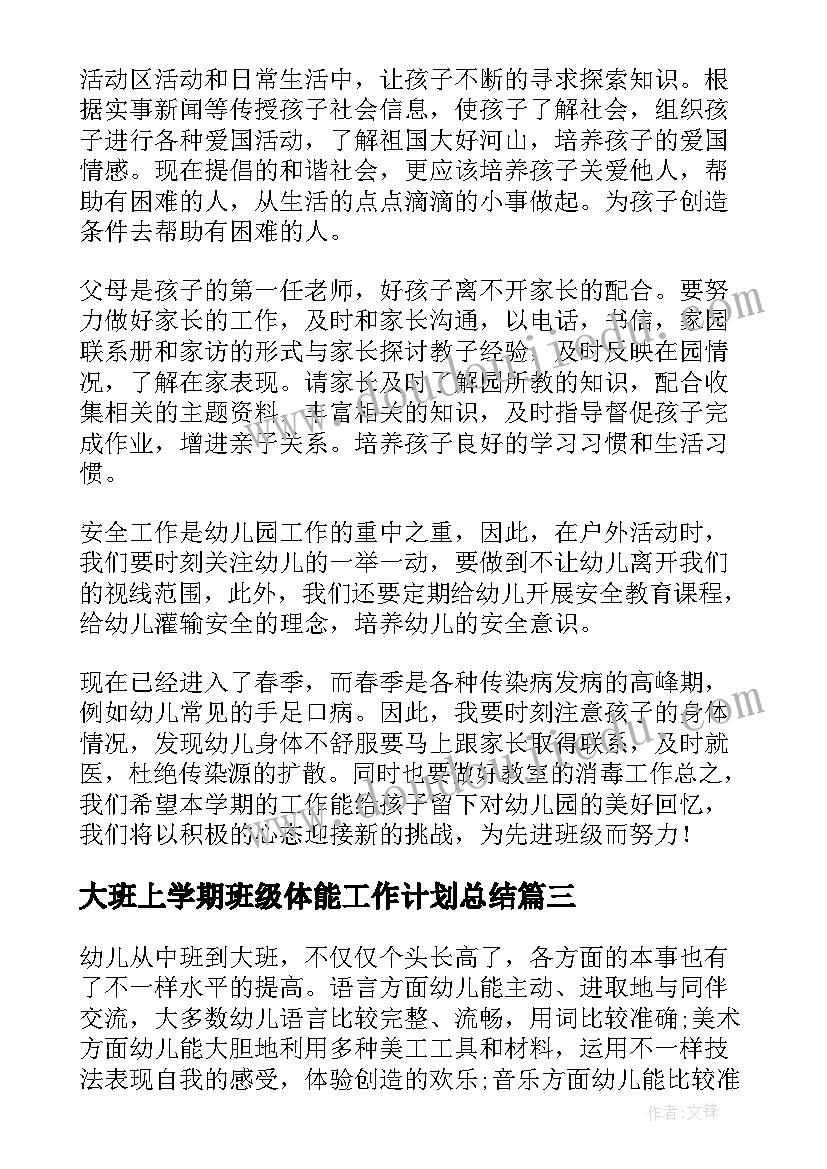 大班上学期班级体能工作计划总结 大班上学期班级工作计划(大全8篇)