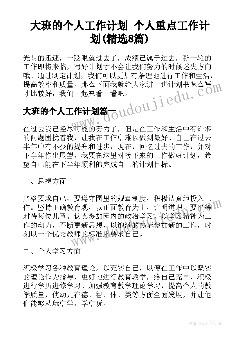 大班的个人工作计划 个人重点工作计划(精选8篇)