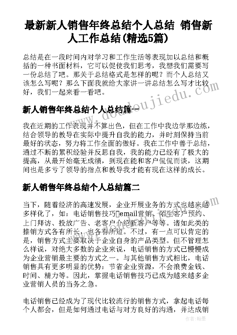 最新新人销售年终总结个人总结 销售新人工作总结(精选5篇)