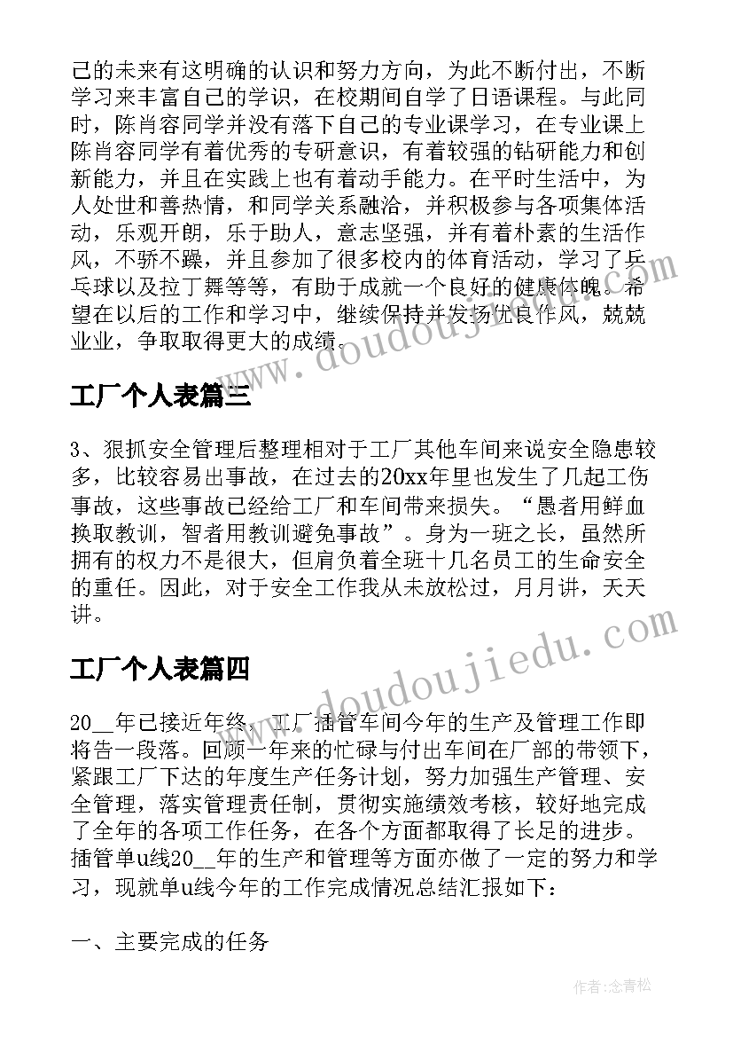 工厂个人表 工厂个人工作总结(精选7篇)