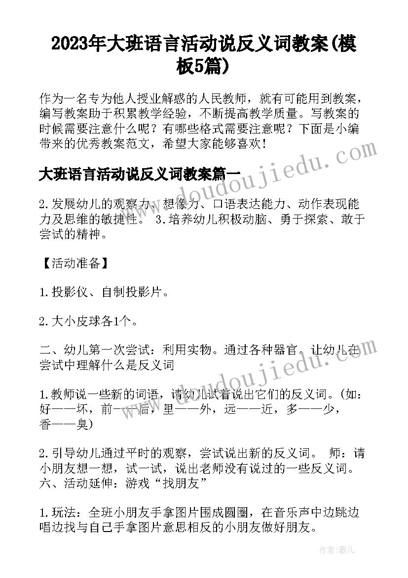 2023年大班语言活动说反义词教案(模板5篇)