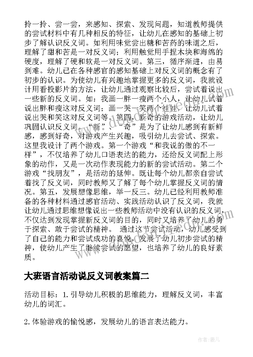 2023年大班语言活动说反义词教案(模板5篇)