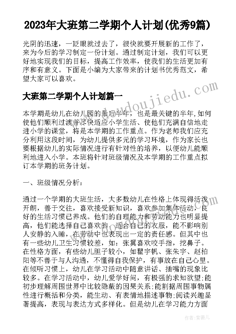 2023年大班第二学期个人计划(优秀9篇)