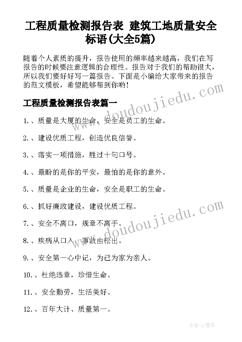 工程质量检测报告表 建筑工地质量安全标语(大全5篇)