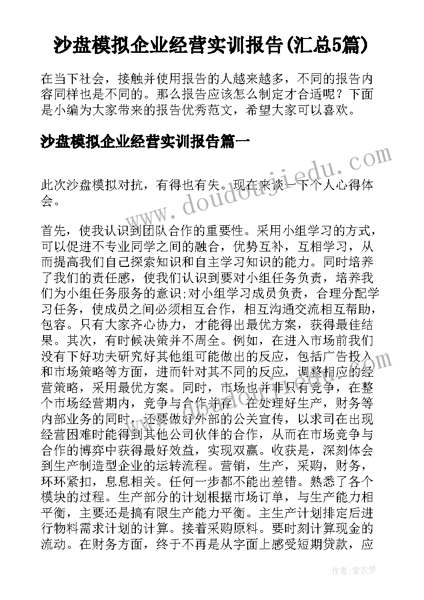 沙盘模拟企业经营实训报告(汇总5篇)