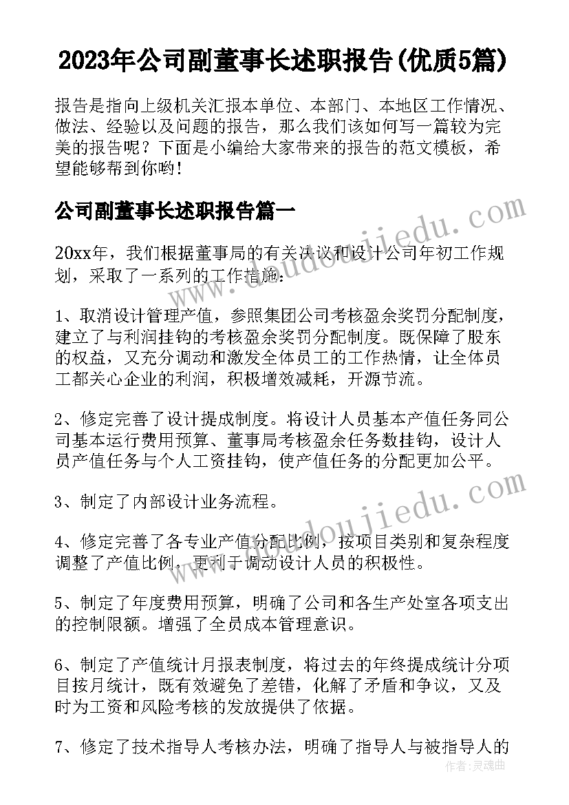 2023年公司副董事长述职报告(优质5篇)