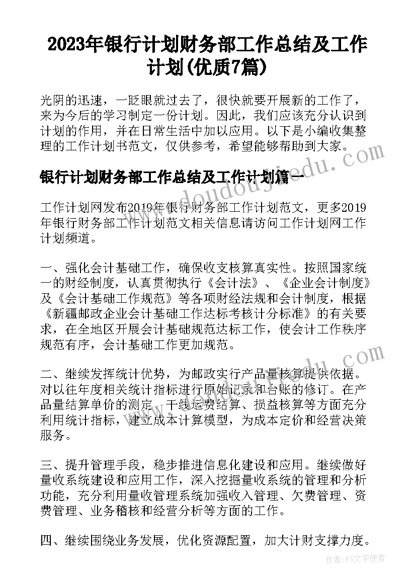 2023年银行计划财务部工作总结及工作计划(优质7篇)