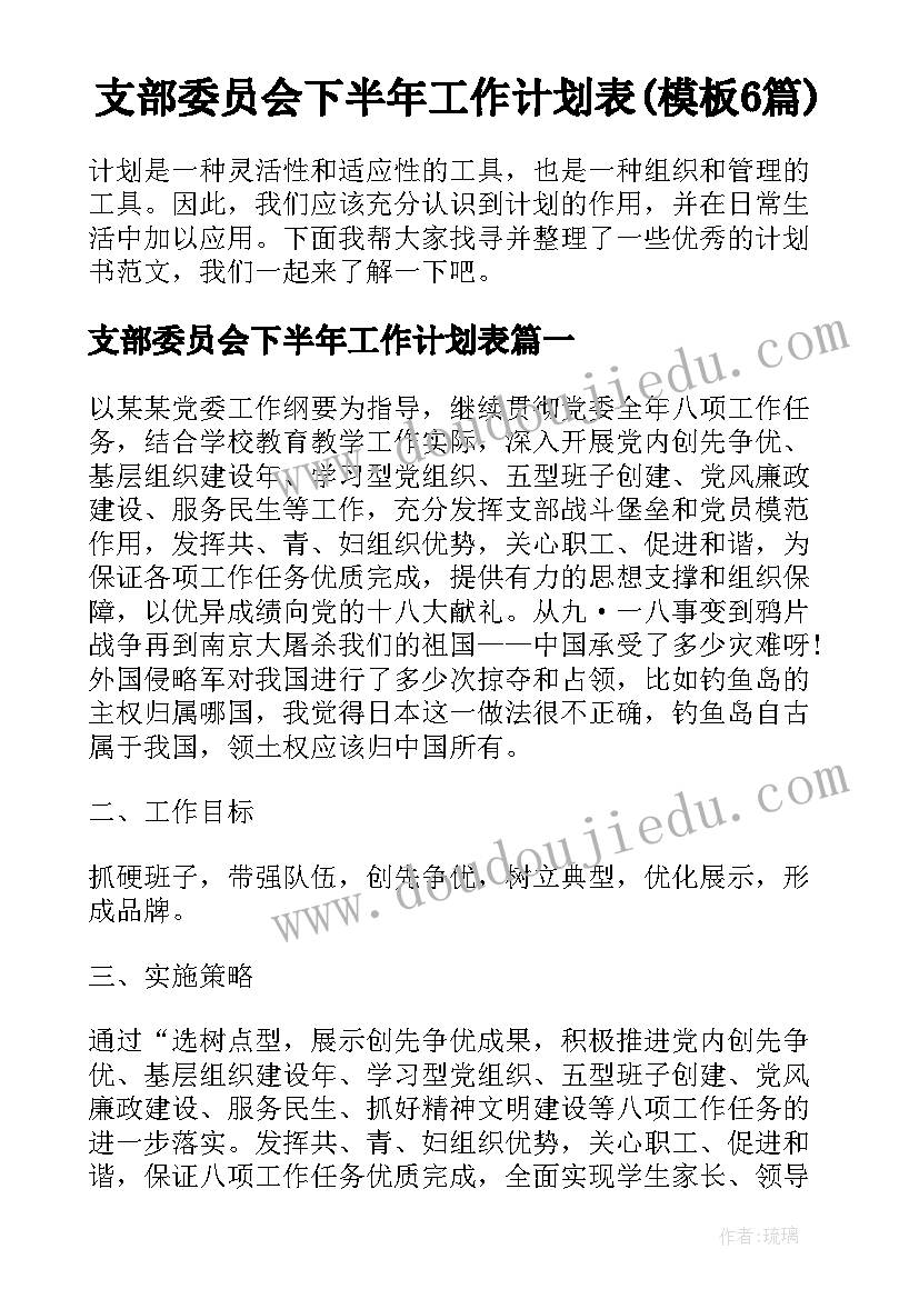 支部委员会下半年工作计划表(模板6篇)