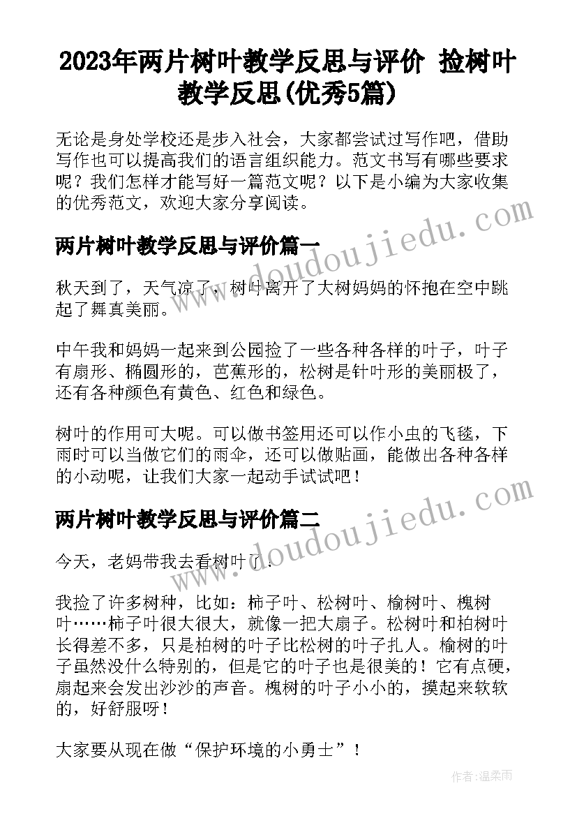 2023年两片树叶教学反思与评价 捡树叶教学反思(优秀5篇)