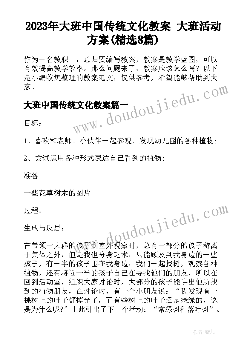 2023年大班中国传统文化教案 大班活动方案(精选8篇)