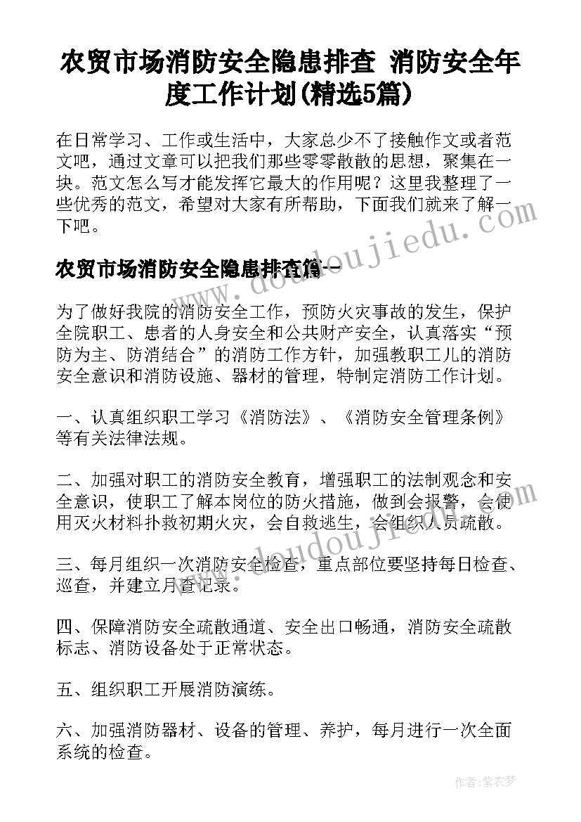 农贸市场消防安全隐患排查 消防安全年度工作计划(精选5篇)