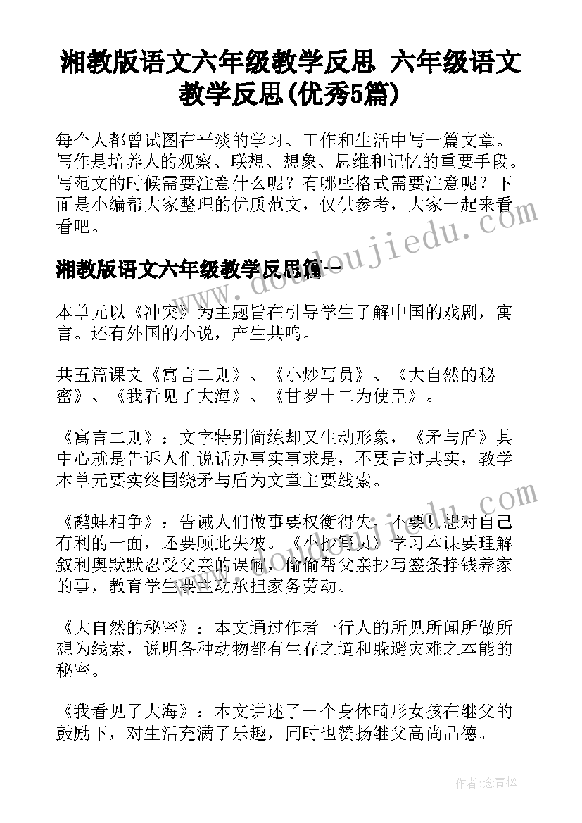 湘教版语文六年级教学反思 六年级语文教学反思(优秀5篇)