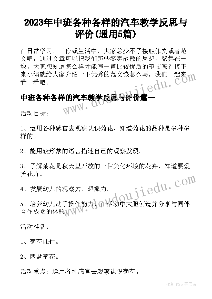 2023年中班各种各样的汽车教学反思与评价(通用5篇)