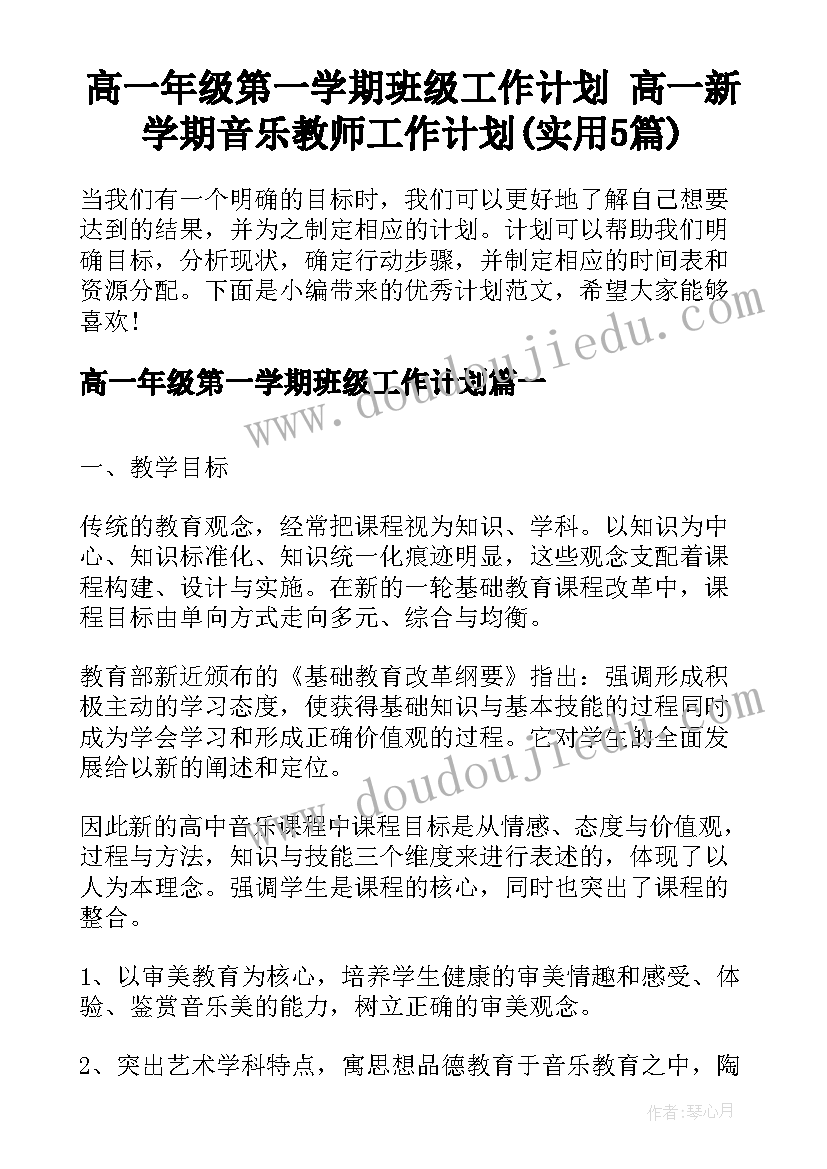 高一年级第一学期班级工作计划 高一新学期音乐教师工作计划(实用5篇)