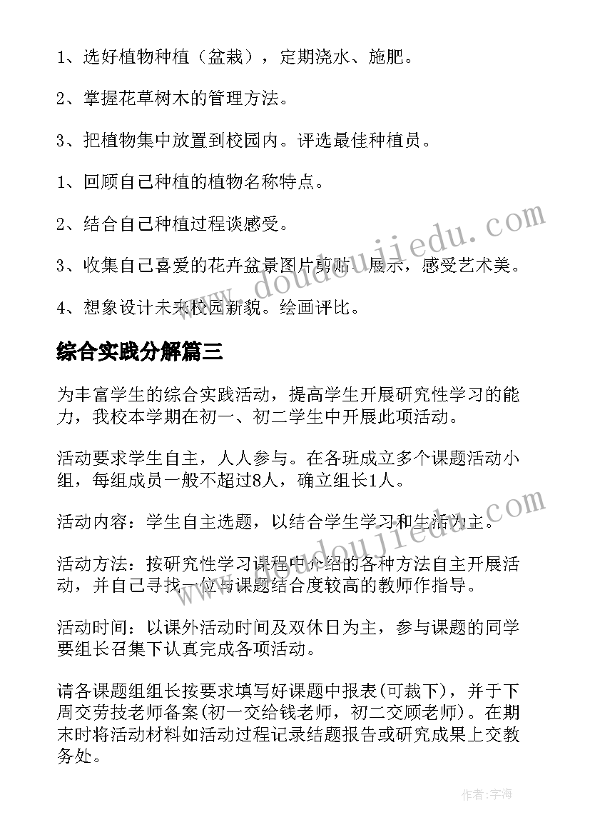 2023年综合实践分解 综合实践活动方案(实用7篇)