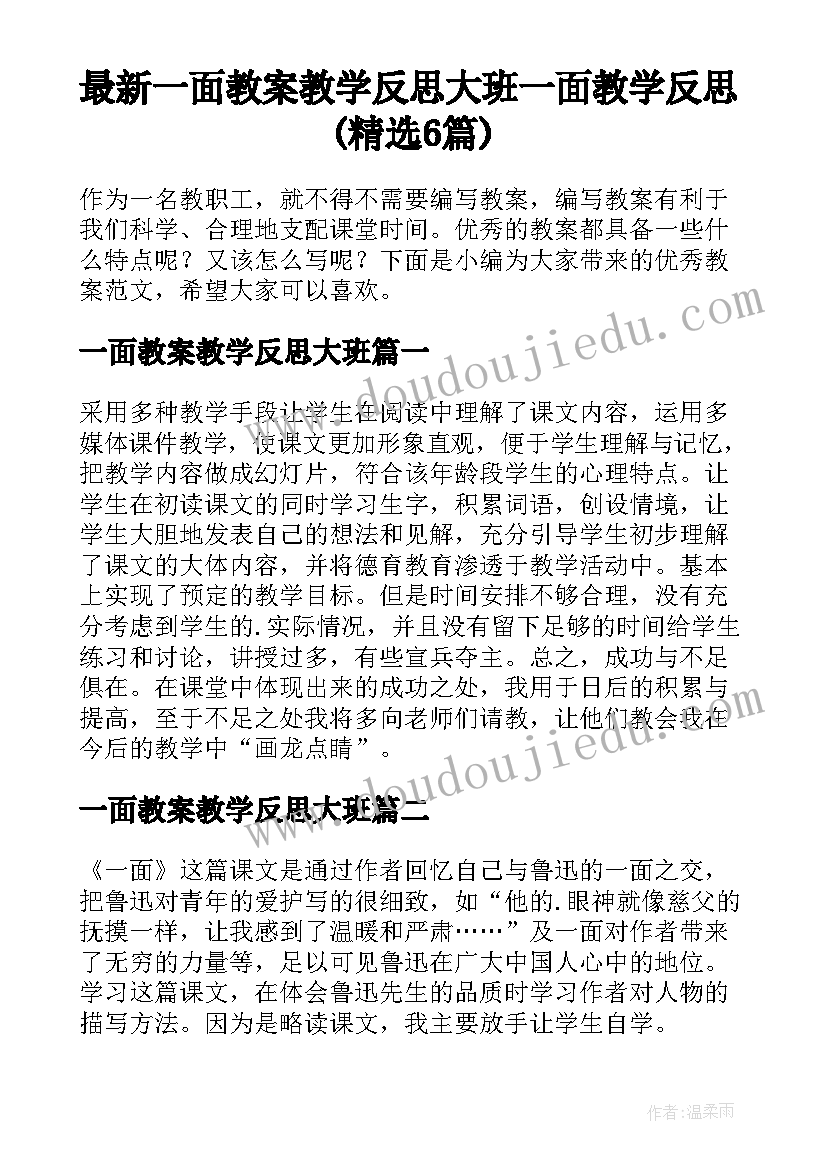 最新一面教案教学反思大班 一面教学反思(精选6篇)