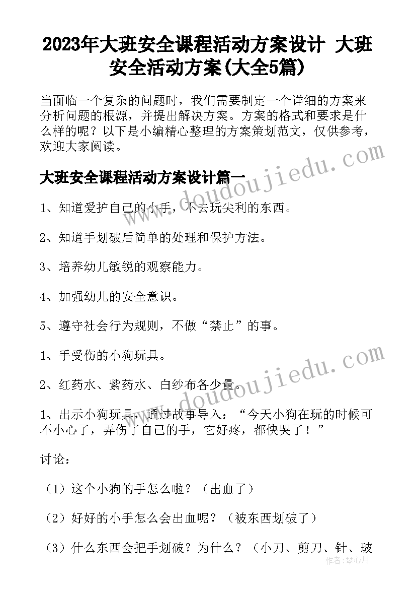 2023年大班安全课程活动方案设计 大班安全活动方案(大全5篇)