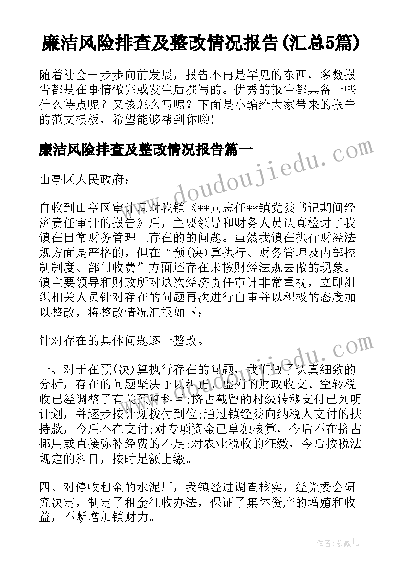 廉洁风险排查及整改情况报告(汇总5篇)