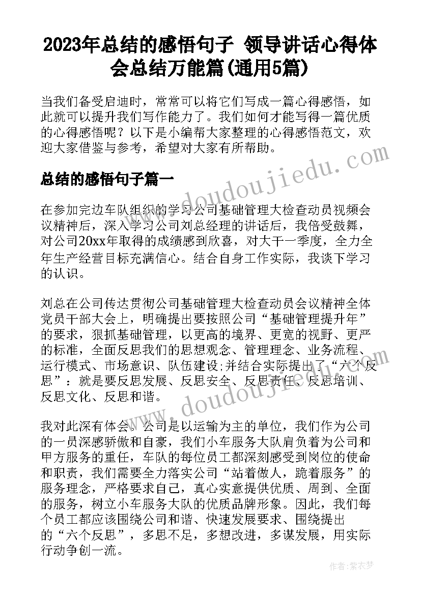 2023年总结的感悟句子 领导讲话心得体会总结万能篇(通用5篇)