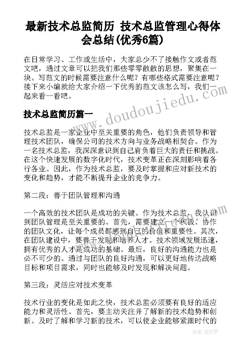 最新技术总监简历 技术总监管理心得体会总结(优秀6篇)