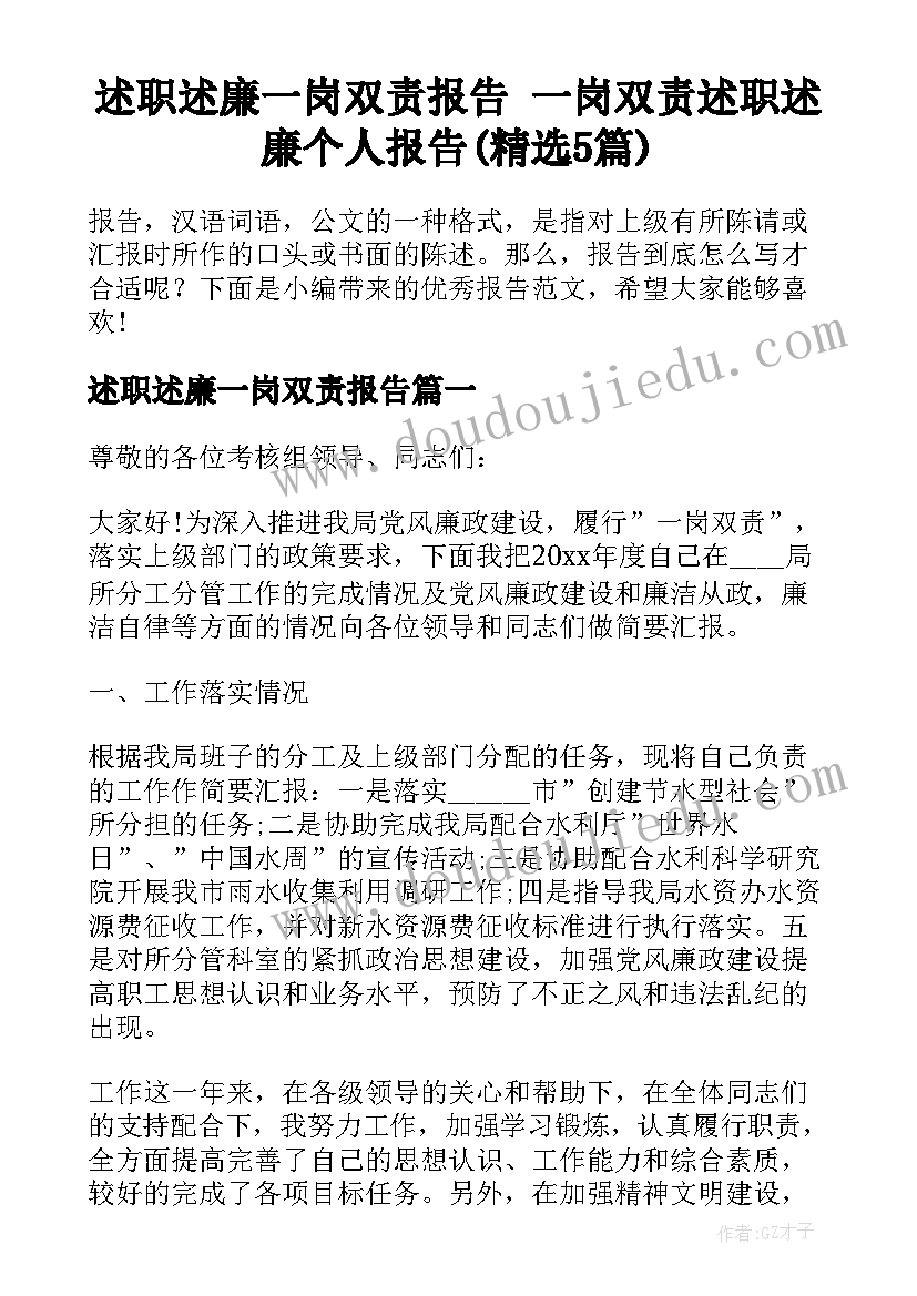 述职述廉一岗双责报告 一岗双责述职述廉个人报告(精选5篇)